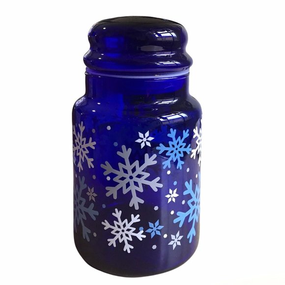 Cobalt Blue Snowflake Pattern Libbey 7" Glass Canister Apothecary Jar with Lid - Picture 1 of 7